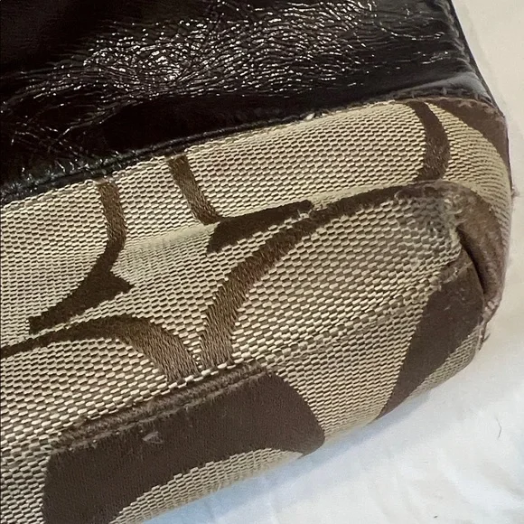 Coach Signature Jacquard Canvas & Patent Leather Hobo Shoulder Bag Khaki/Brown - Picture 7 of 11